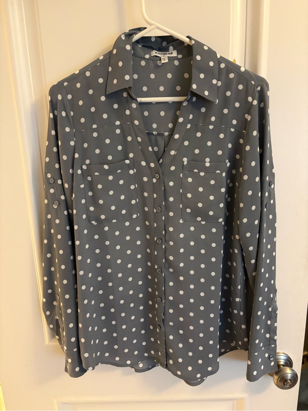 Express Gray and White Polka Dot Portofino Shirt